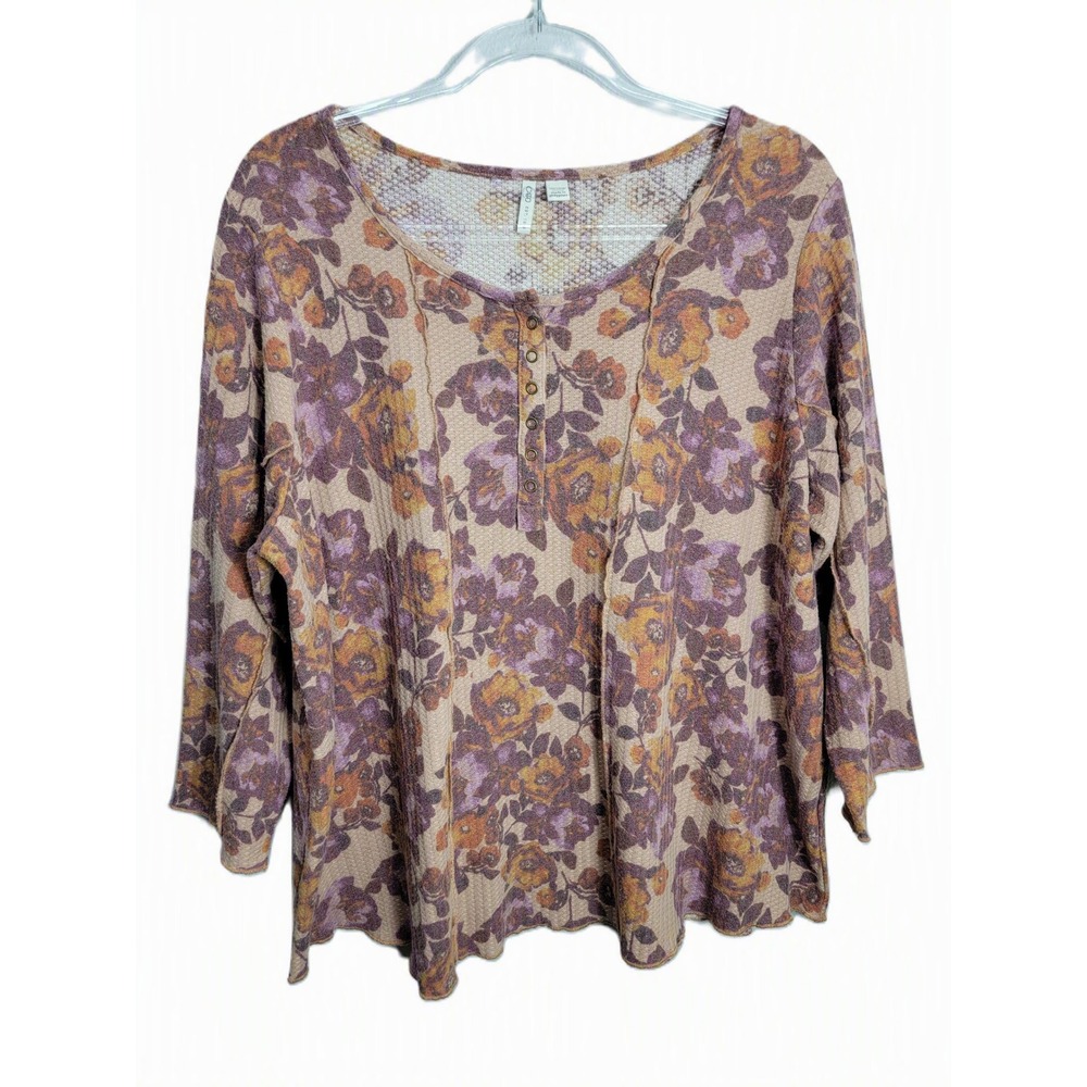 Cato Womens 18/20W Henley Top Purple Floral Waffle Knit 3/4 Sleeve Thermal